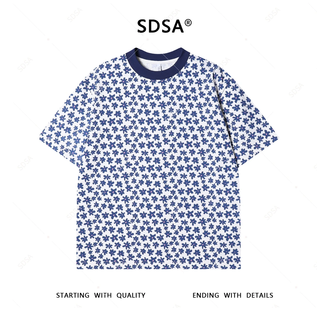 夏季高级感新款男士满印花卉图案短袖T恤休闲风设计百搭圆领上衣