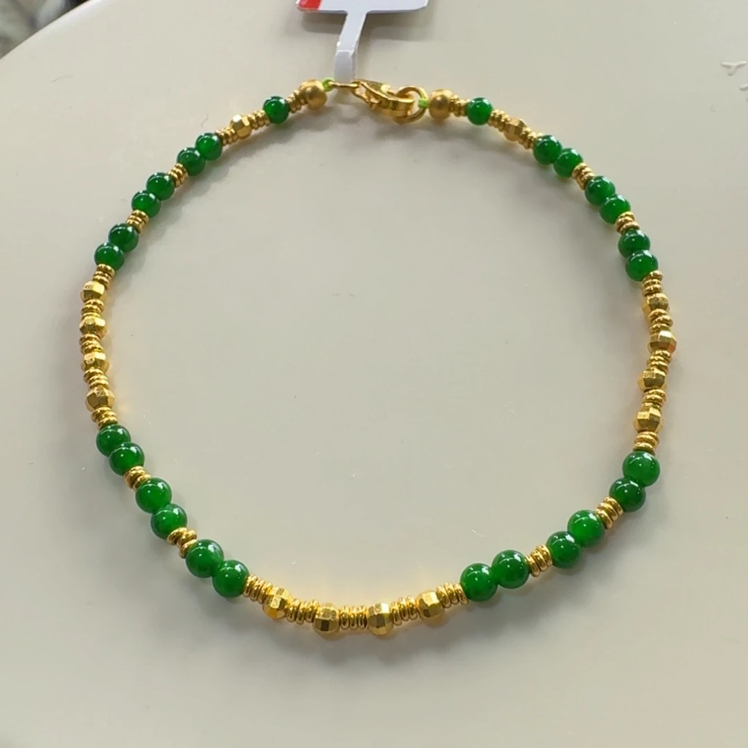 足金镶嵌手链翡翠辣阳绿盘缠3mm(足金2.5克)
