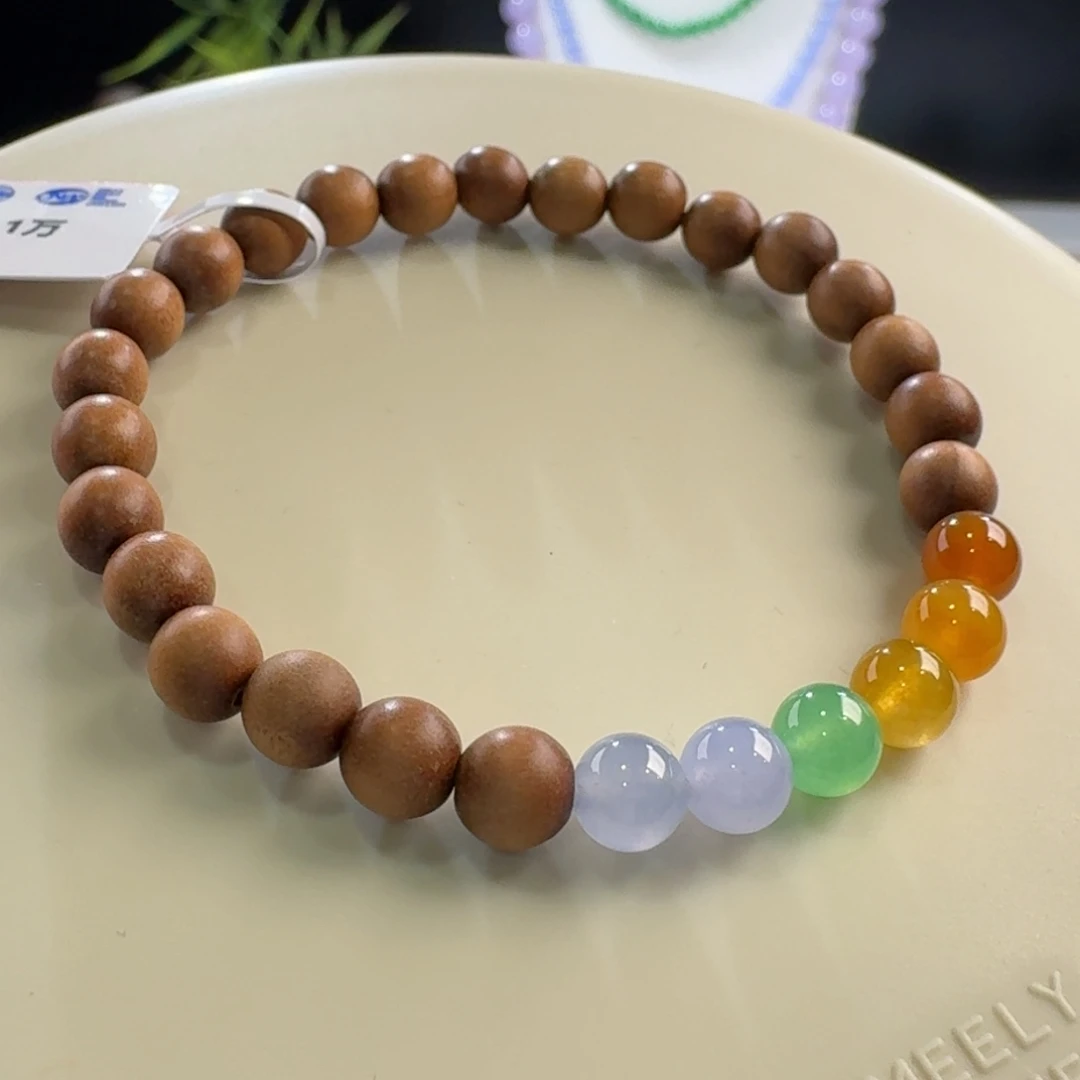 翡翠手链未镶嵌彩虹珠+木珠单圈