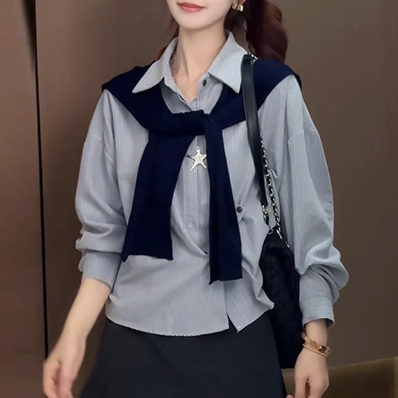 法式假两件披肩系带长袖衬衫女2026春秋新款衬衣时尚百搭减龄上衣