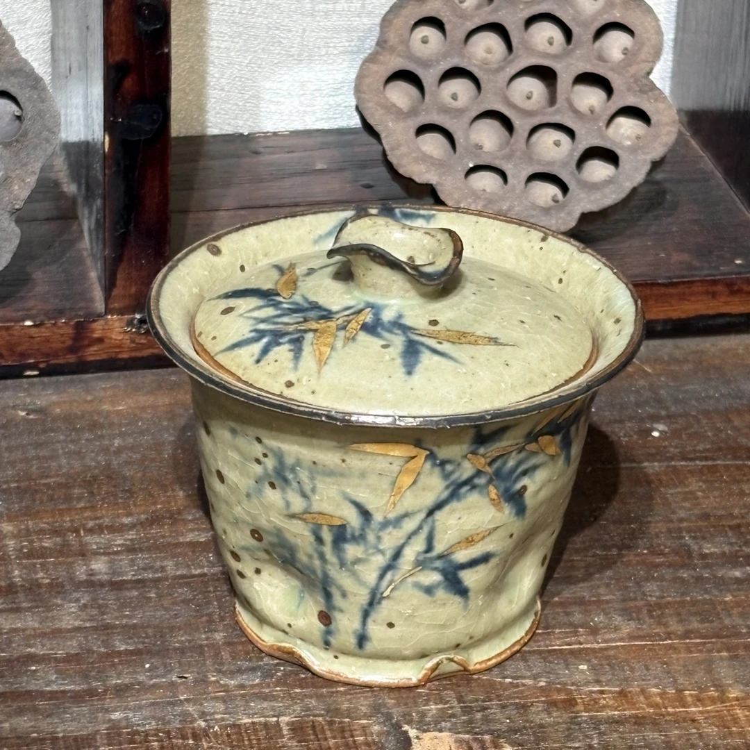 【近山古美】聆雨堂描金竹子手捏盖碗手工手绘釉下彩高温瓷