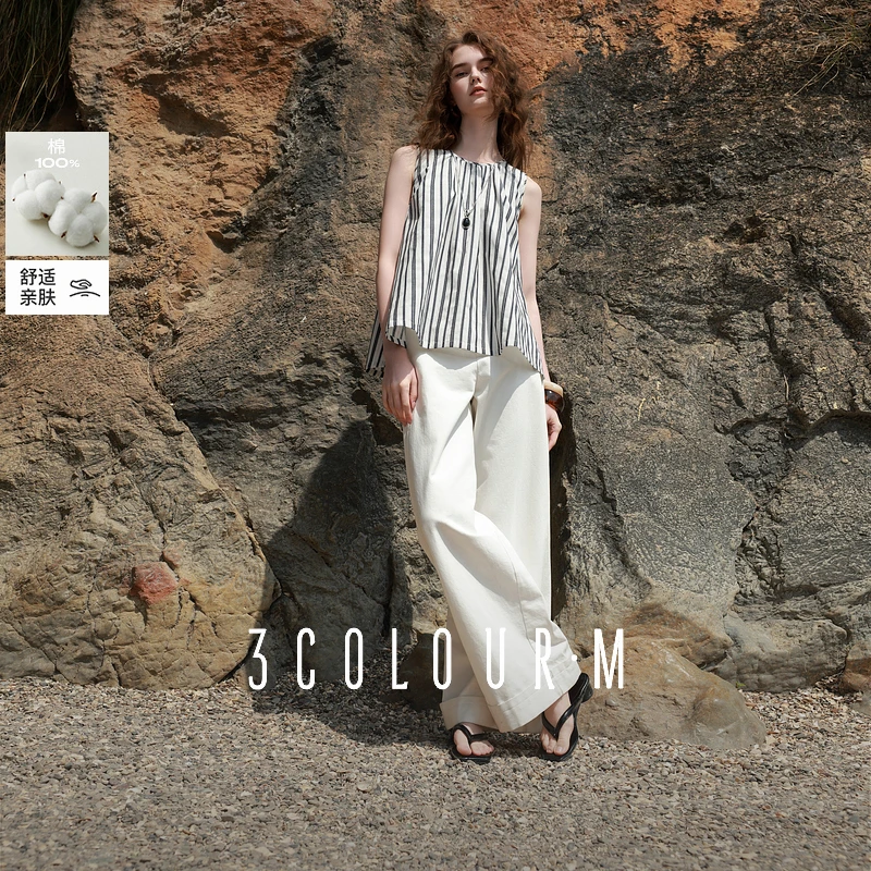 三彩2025夏季新款色织条纹无袖上衣宽松衬衣圆领套头小衫M