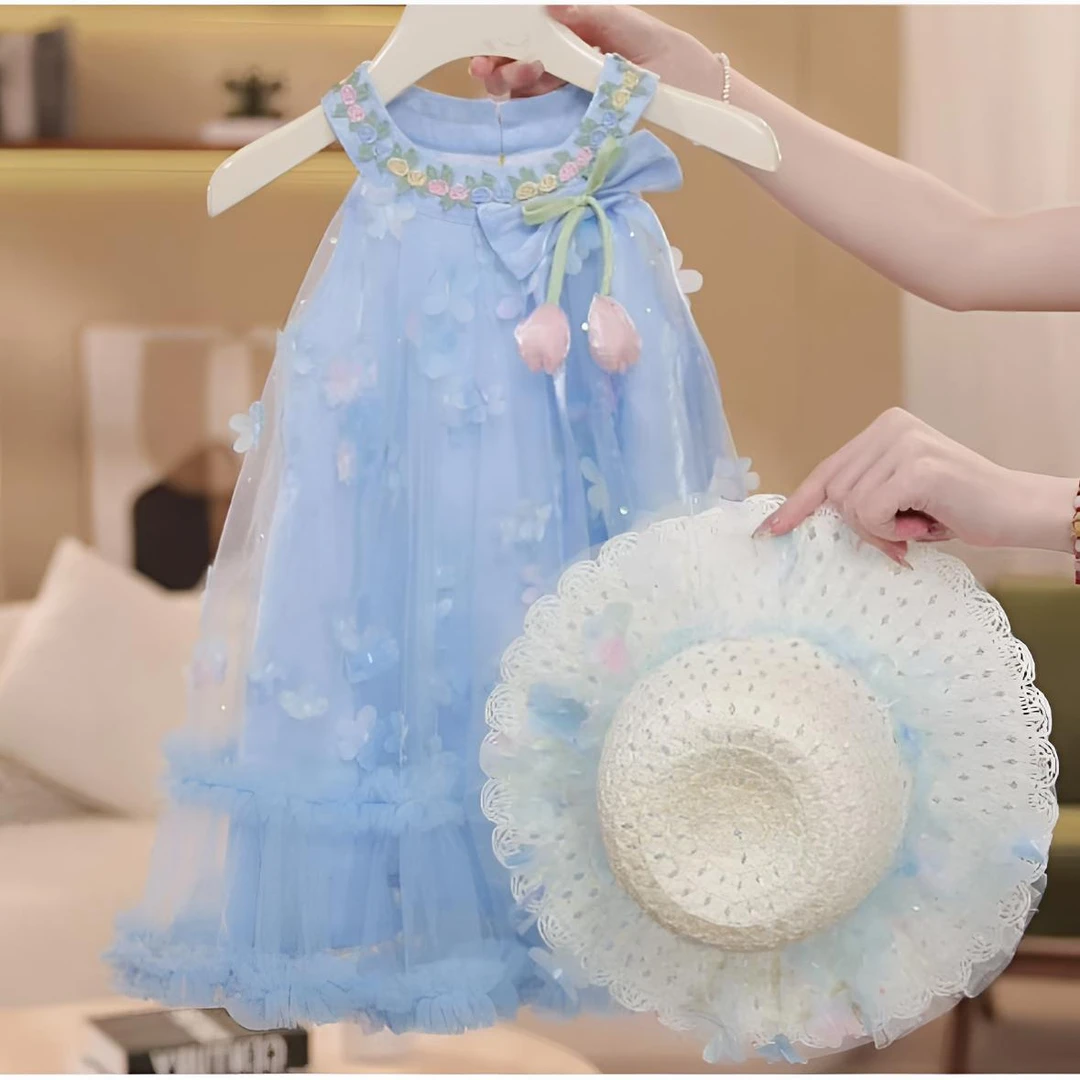 女童夏装连衣裙2025新款夏季儿童无袖露肩网纱裙小女孩花朵公主裙