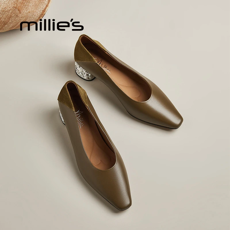 MILLIE S/妙丽粗跟透气尖头法式舒适高跟鞋方根防滑薄款镶嵌Y1940