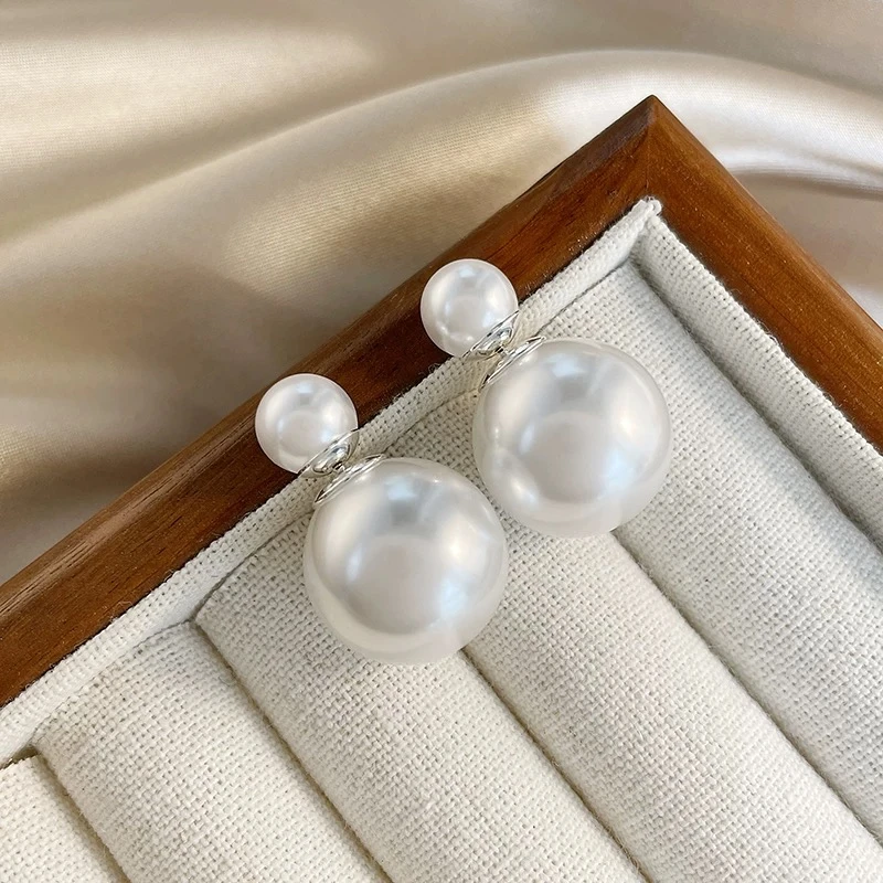 【呦呦】设计款8+14mm白色正圆双珠耳钉 贝珠