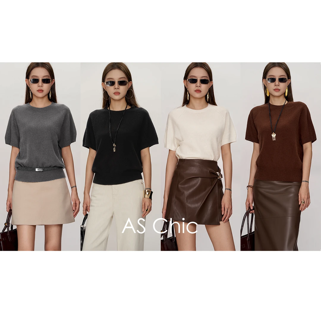 AS chicAW「云感」澳洲美丽诺羊毛一线成衣圆领插肩袖短袖ASZ1824