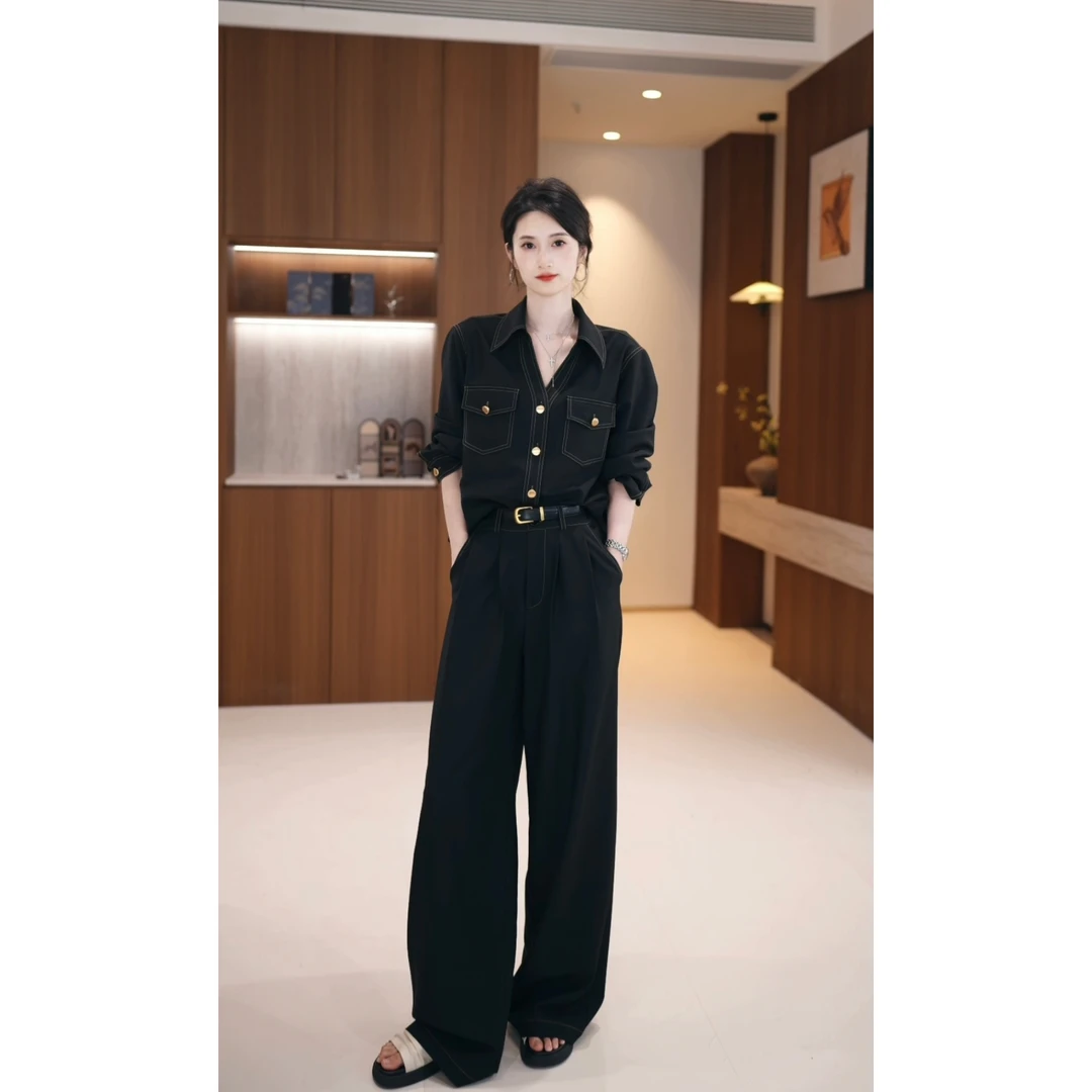 【丢丢】秋季复古轻奢显瘦翻领衬衫高腰阔腿裤套装D53TZC3199