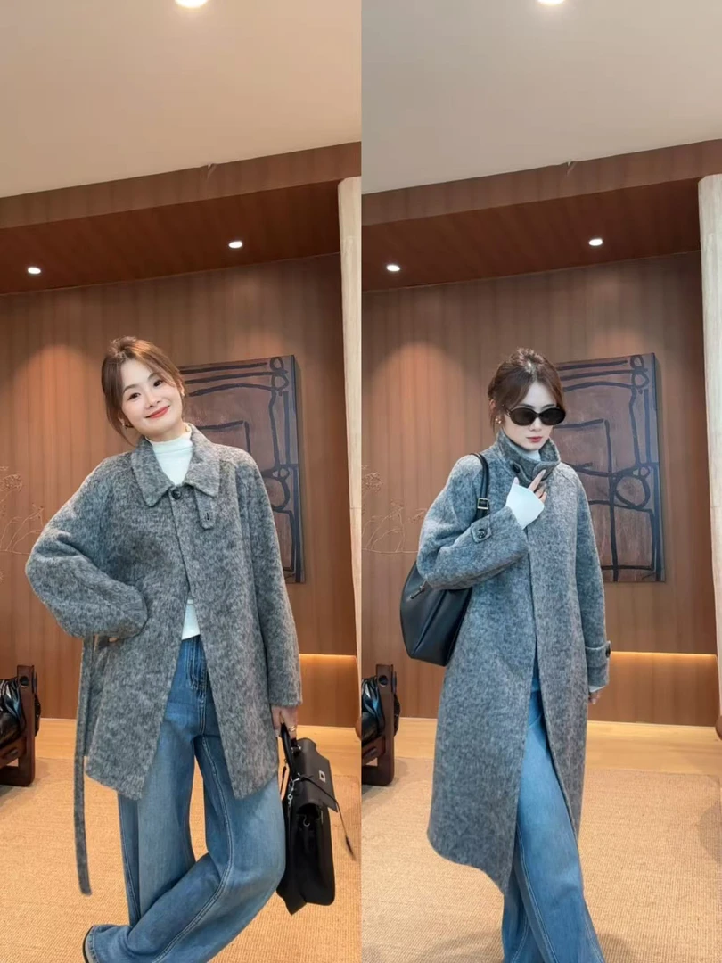 小个子超友好【韩版.小翻领】新款上新兔毛桑蚕丝双面呢大衣