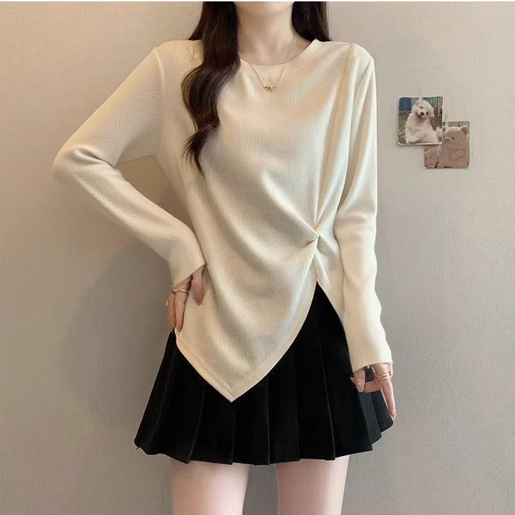 大码杏色正肩t恤长袖女2025新款秋季胖mm不规则遮肚显瘦微胖上衣