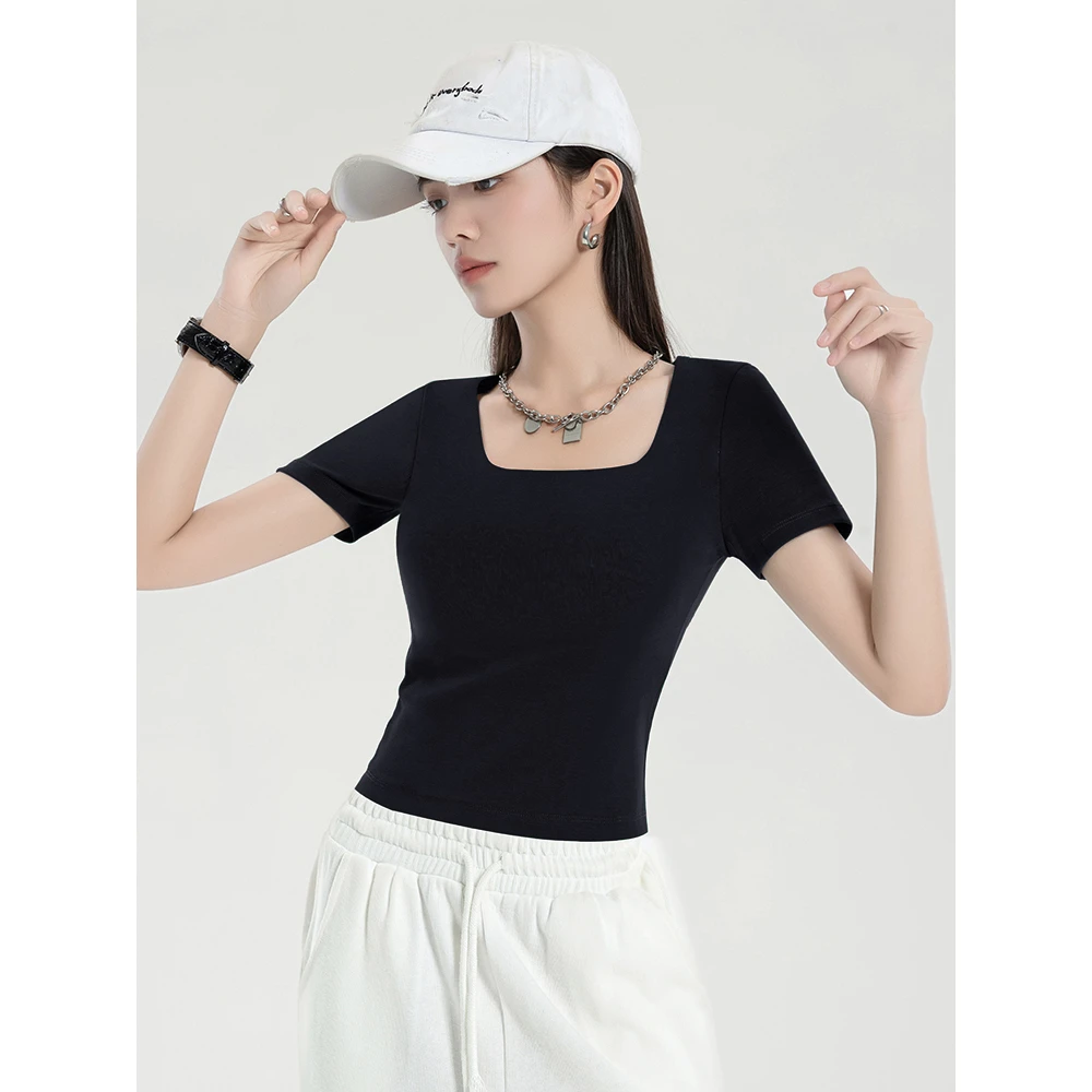 韩版白色方领露锁骨短袖t恤女2025夏季新款小个子修身显瘦上衣短