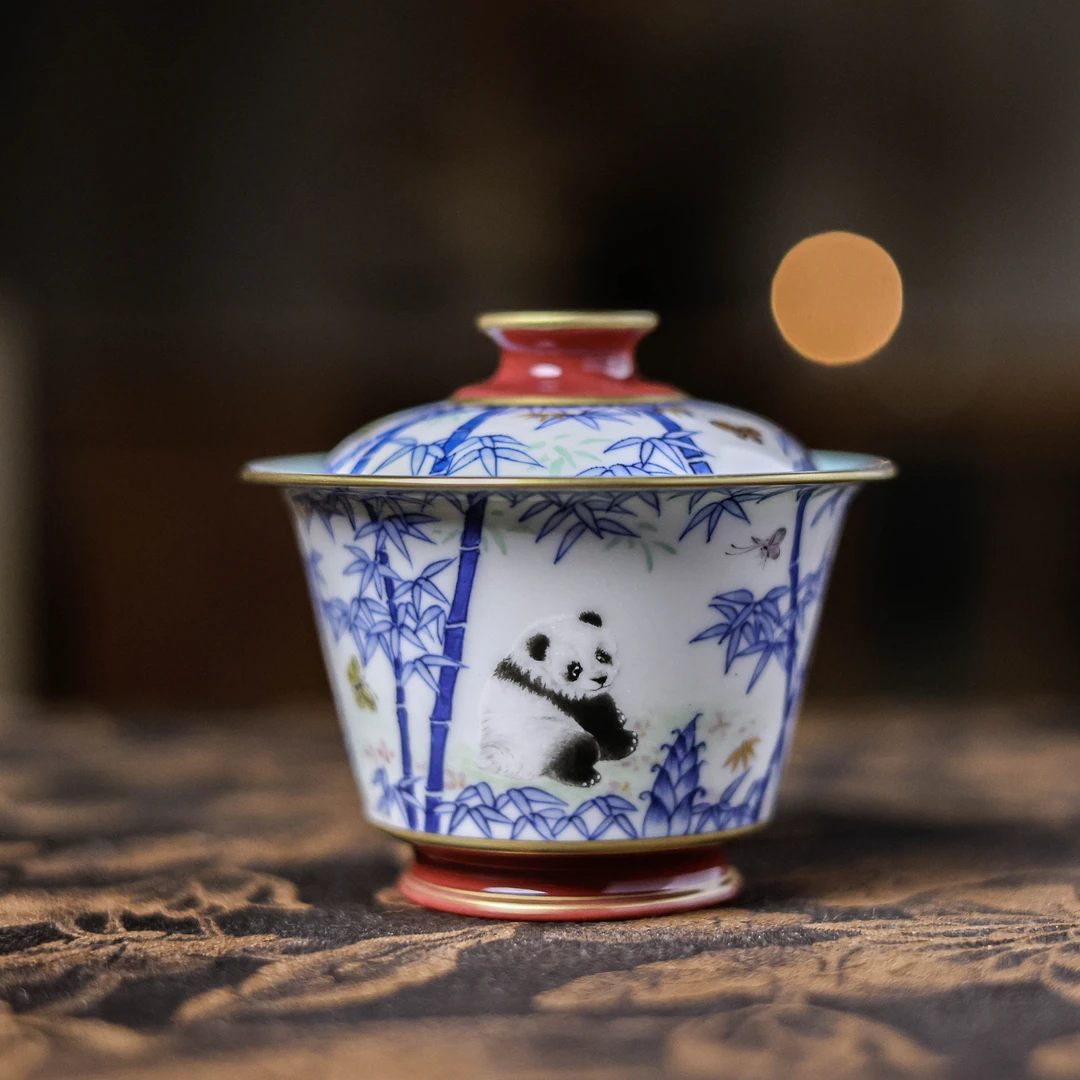 【悦生活】玫瑰红竹子熊猫-华隐堂-盖碗-120ml（华隐S0875）