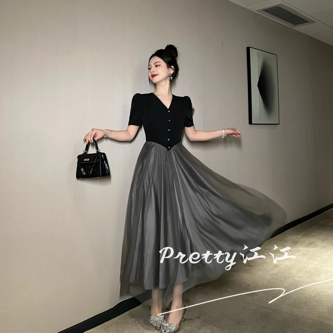 Pretty小众设计师品牌江江定制 赫本风拼接轻奢名媛连衣裙21705