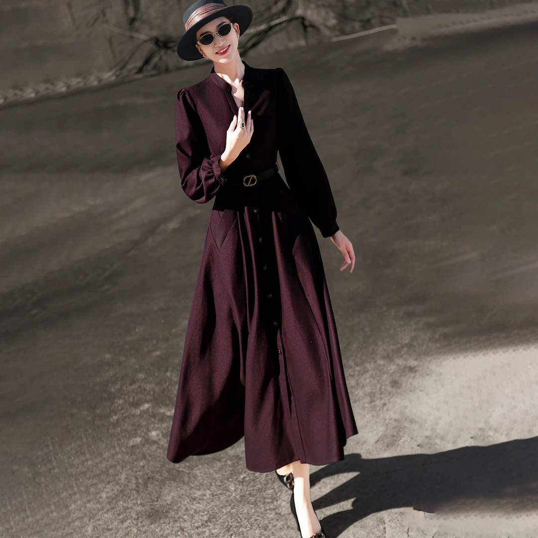 MEXCOCO/兰瑟儿秋季新款气质单排扣腰带收腰A摆连衣裙女775QL3262