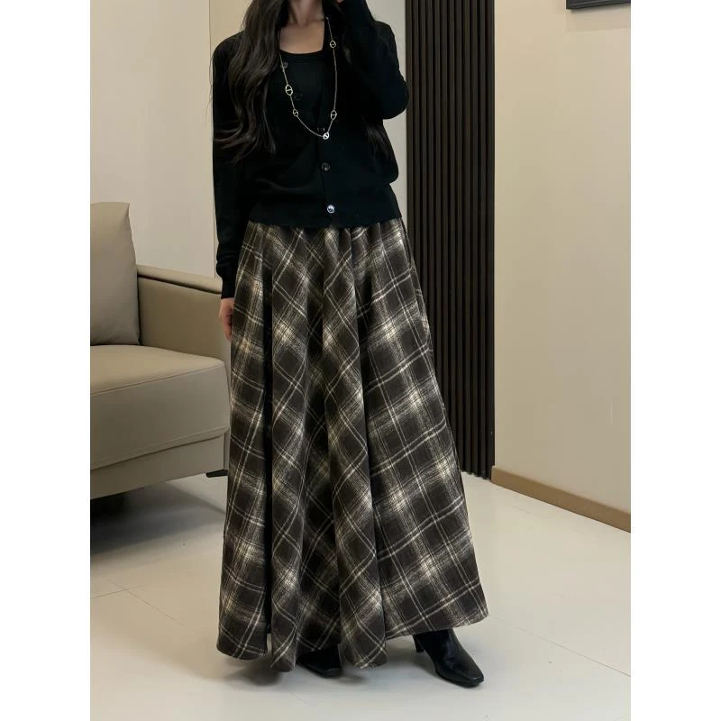【敏】大摆毛呢高腰格子复古百搭中长裙半身裙女2025秋冬新款总