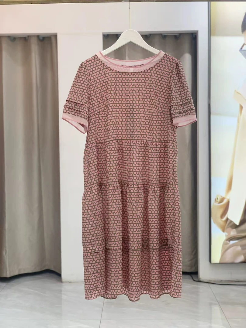 L1097粉色波点印花宽松小个子圆领短袖连衣裙2025