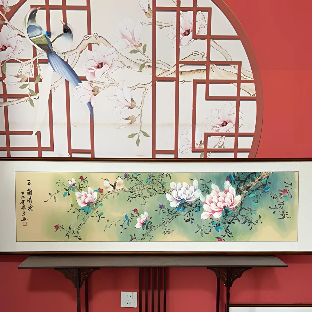 餐厅卧室书房茶室挂画玉兰花外径尺寸47✖️162厘米带框手绘包邮