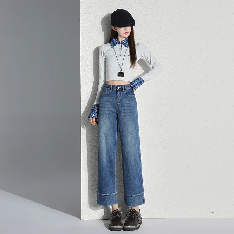 直筒弹力牛仔裤女2025秋冬新款高腰显瘦百搭小个子九分烟管法棍裤