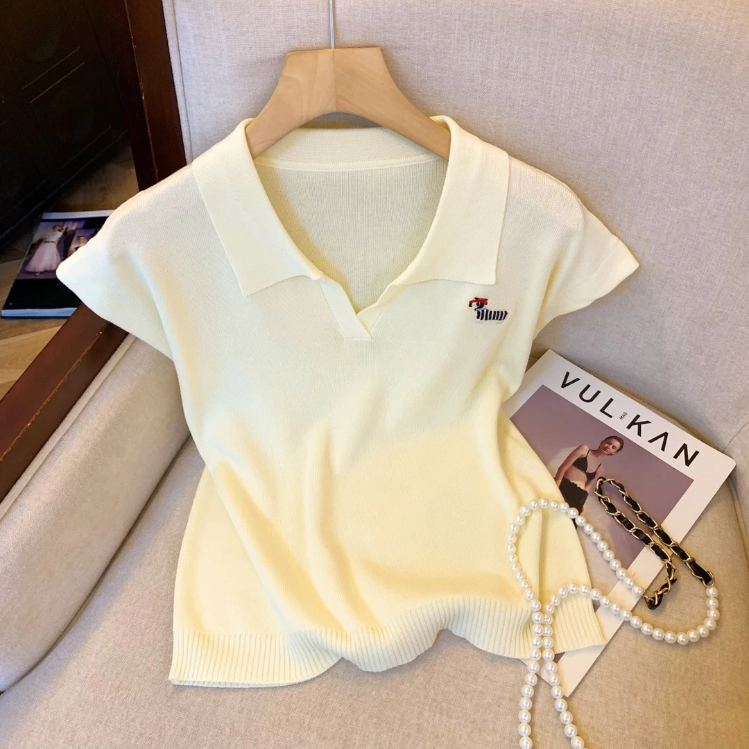 2025新款设计感刺绣小狗POLO领飞飞袖针织衫女夏季气质短款上衣