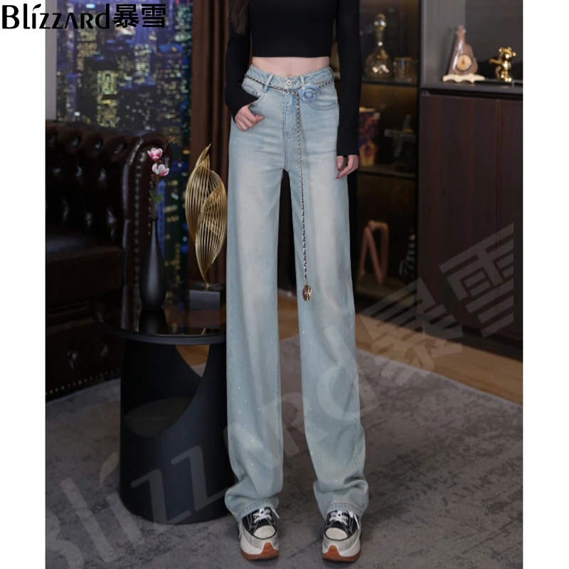 【雅思云黛】重工烫钻牛仔阔腿裤女2025高腰满天星直筒拖地牛仔裤