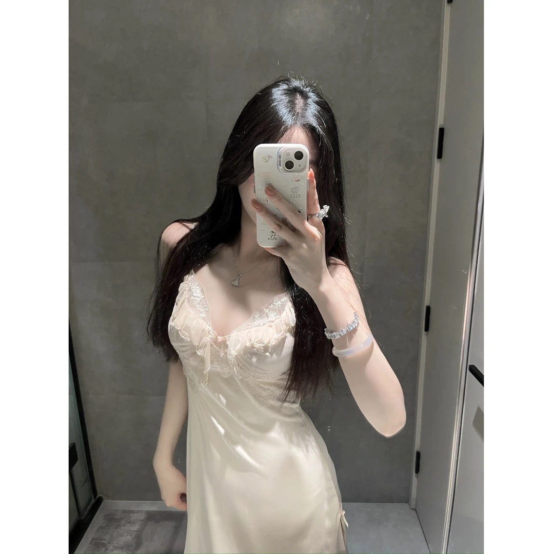 洛谜/夏日新款蕾丝镂空家居服吊带裙薄款冰丝带胸垫爆款蕾丝睡衣