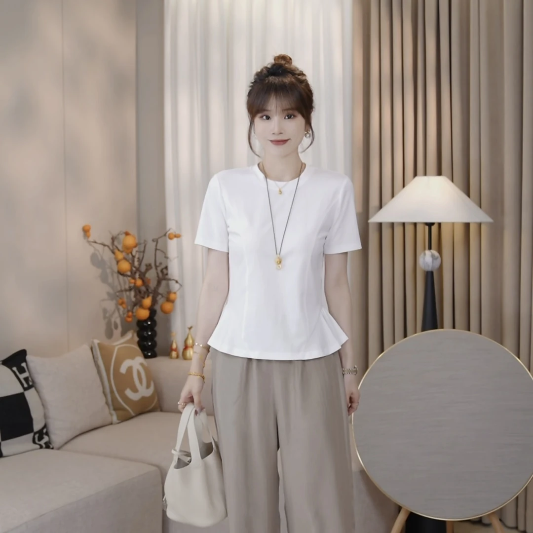 LMENY舒柔云感T～圆领正肩设计感荷叶边显瘦短袖T恤25BT042