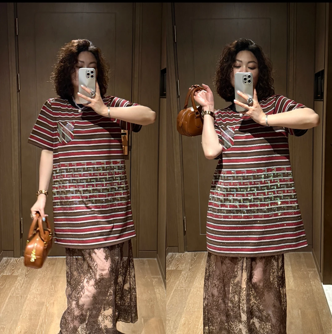 YDFSTUDIO小众【夏日光影】欧货高品烫钻条纹设计T裙+半身裙套装