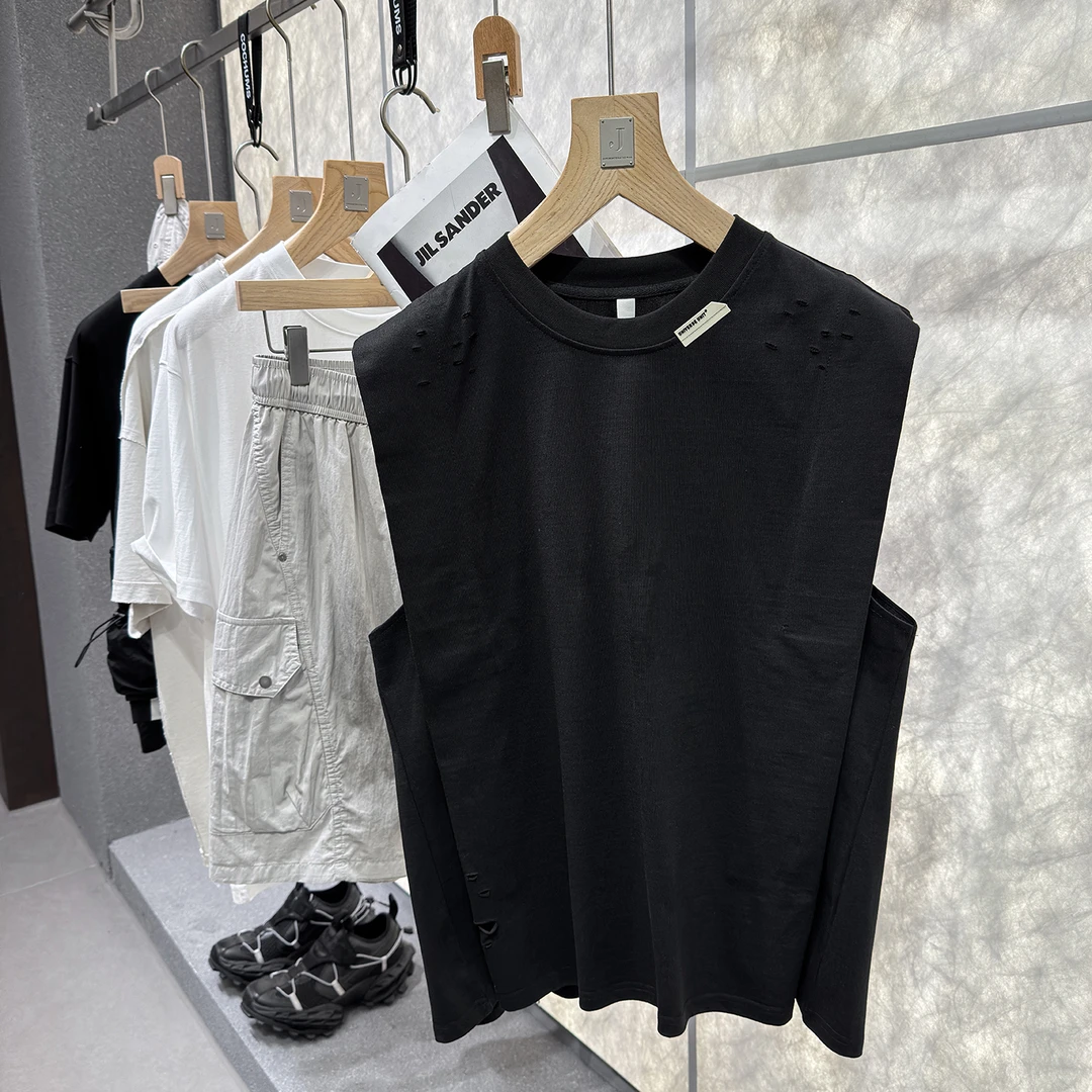 纯棉重磅美式无袖背心坎肩T恤小众设计师款宽肩潮流破洞痞帅男士