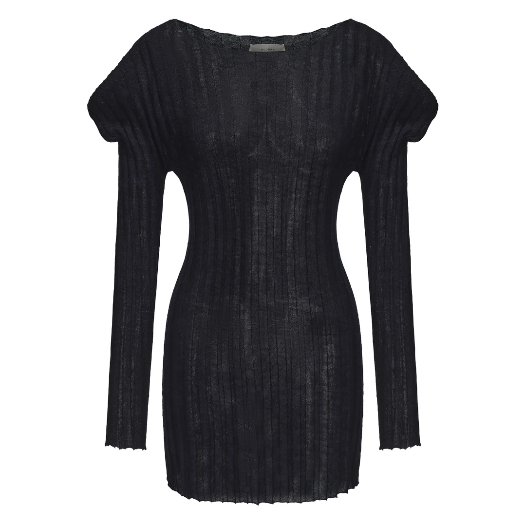 董小姐买手店RUOHAN 藏蓝色方肩针织上衣