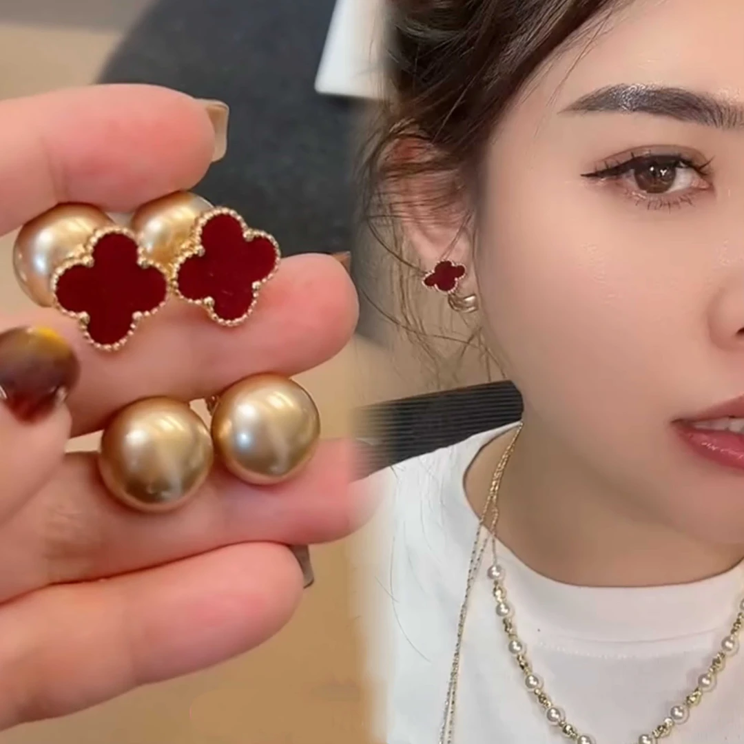 铜合金耳饰 秋冬新款红色绒面四叶草珠珠耳钉前后戴设计时尚轻奢