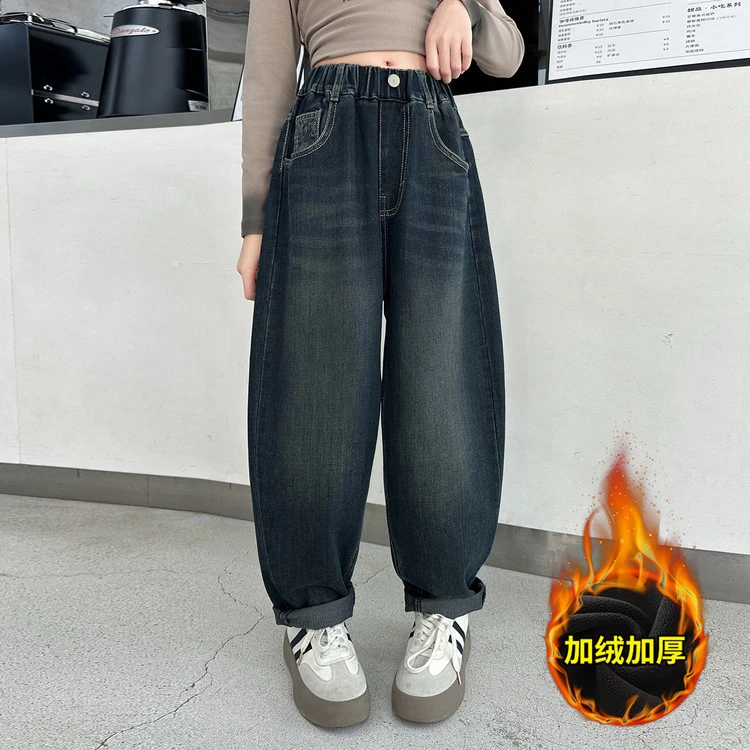 女童牛仔裤新款2025爆款儿童加绒裤子秋冬中大童哈伦裤加厚老爹裤