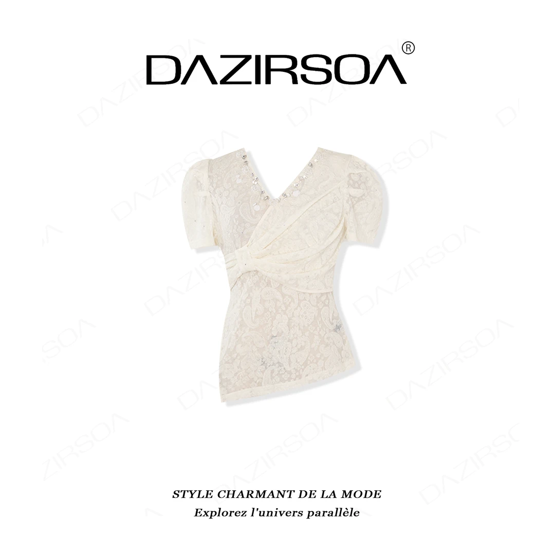 DAZIRSOA/达姿“浪漫马黛”时尚百搭烫钻腰果花个性V领蕾丝T恤 Y900
