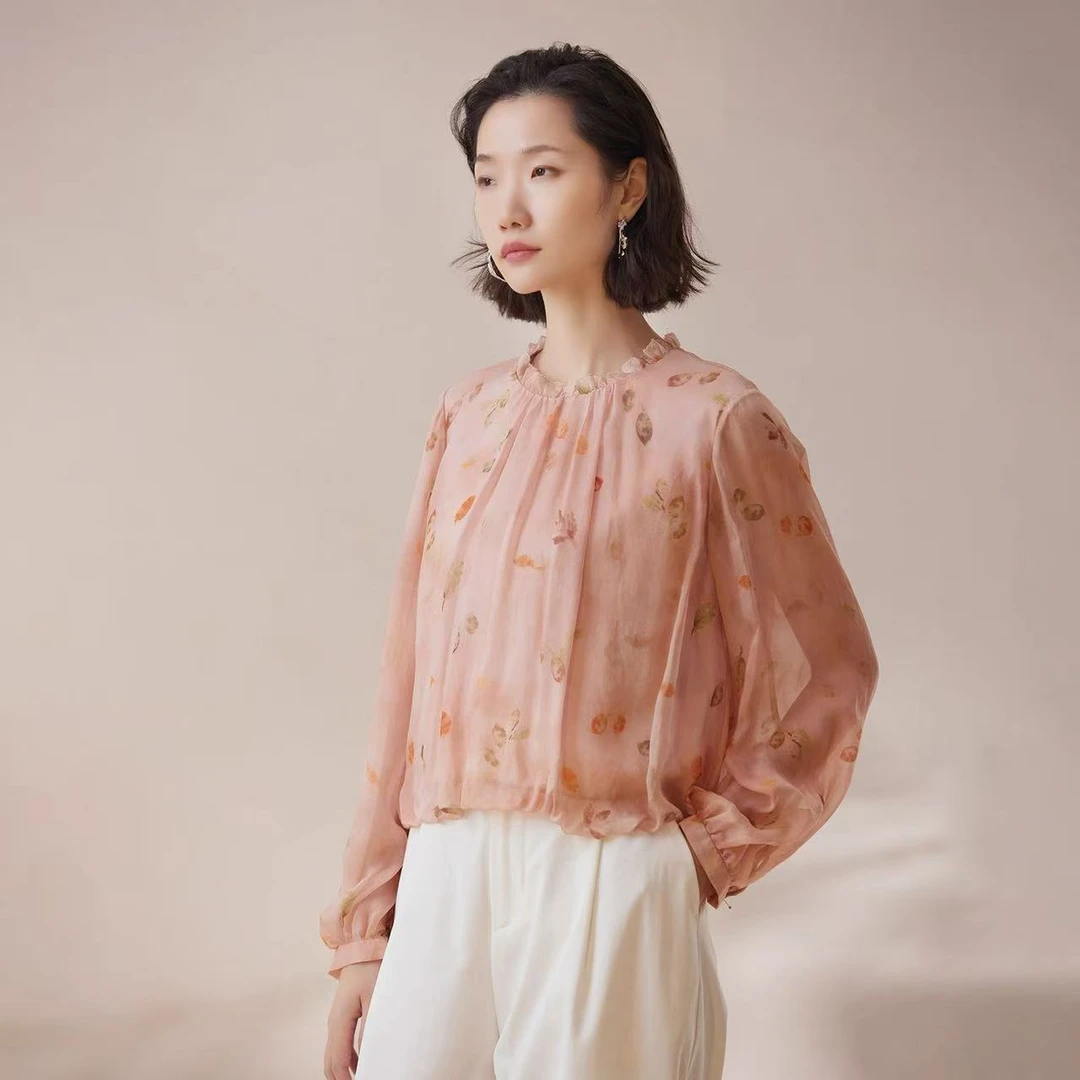 桑蚕丝长袖上衣常规宽松型时尚女士圆领系带LW 8255562 粉色