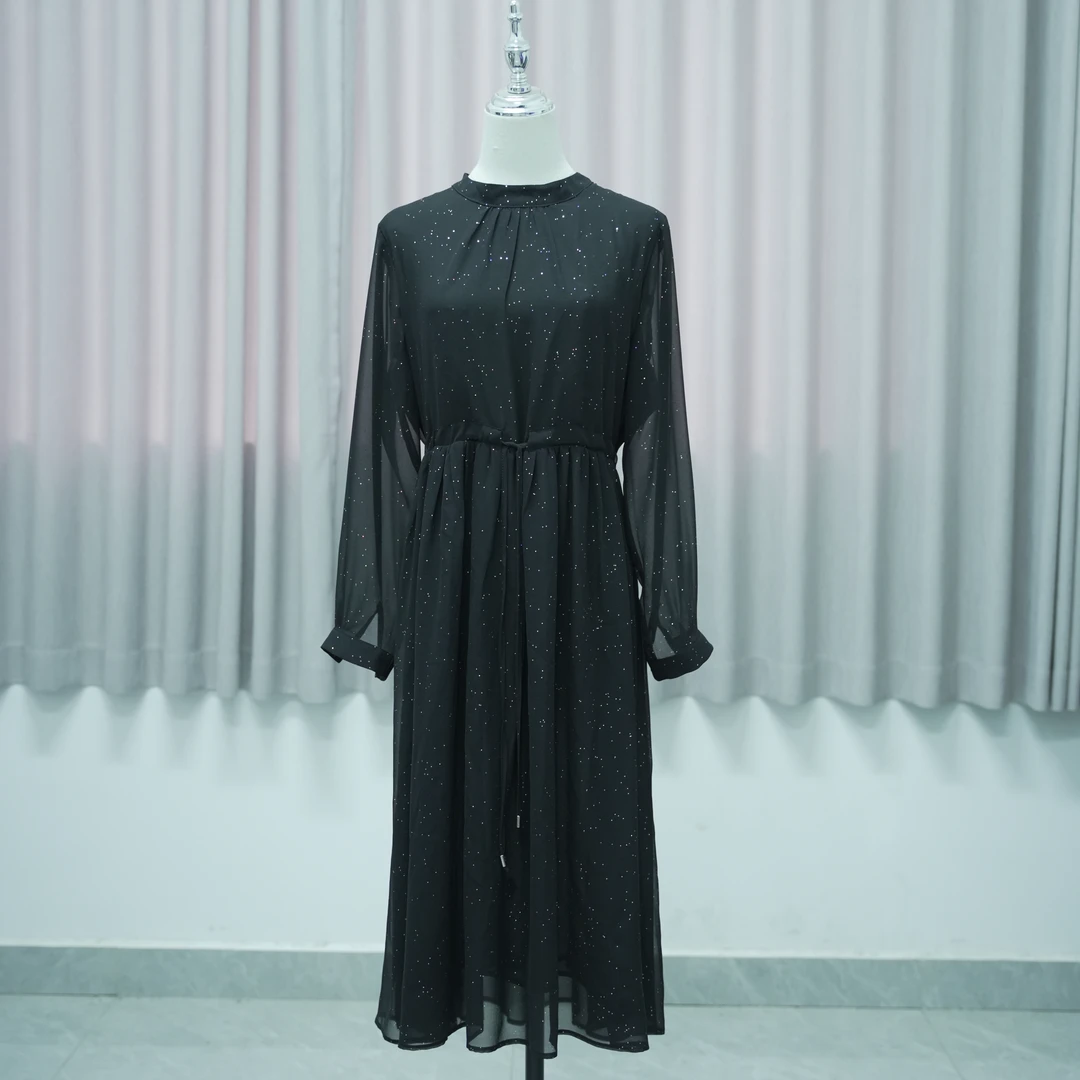 C83真丝长袖连衣裙黑色亮片长款连衣裙