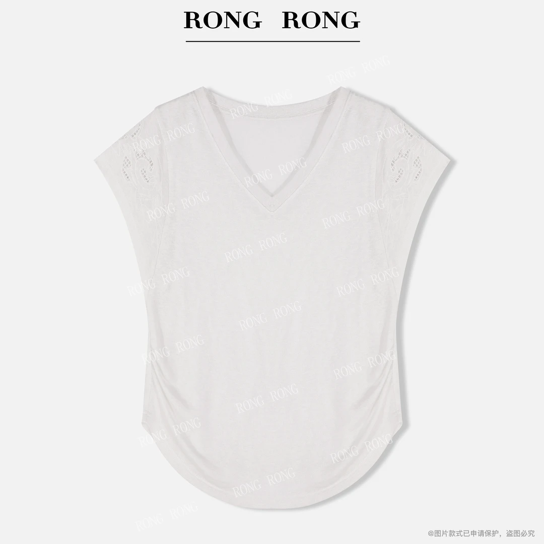 溶溶【晚墨序】RONGRONG 莱赛尔亚麻镂空绣花显瘦飞飞袖上衣T-B0025