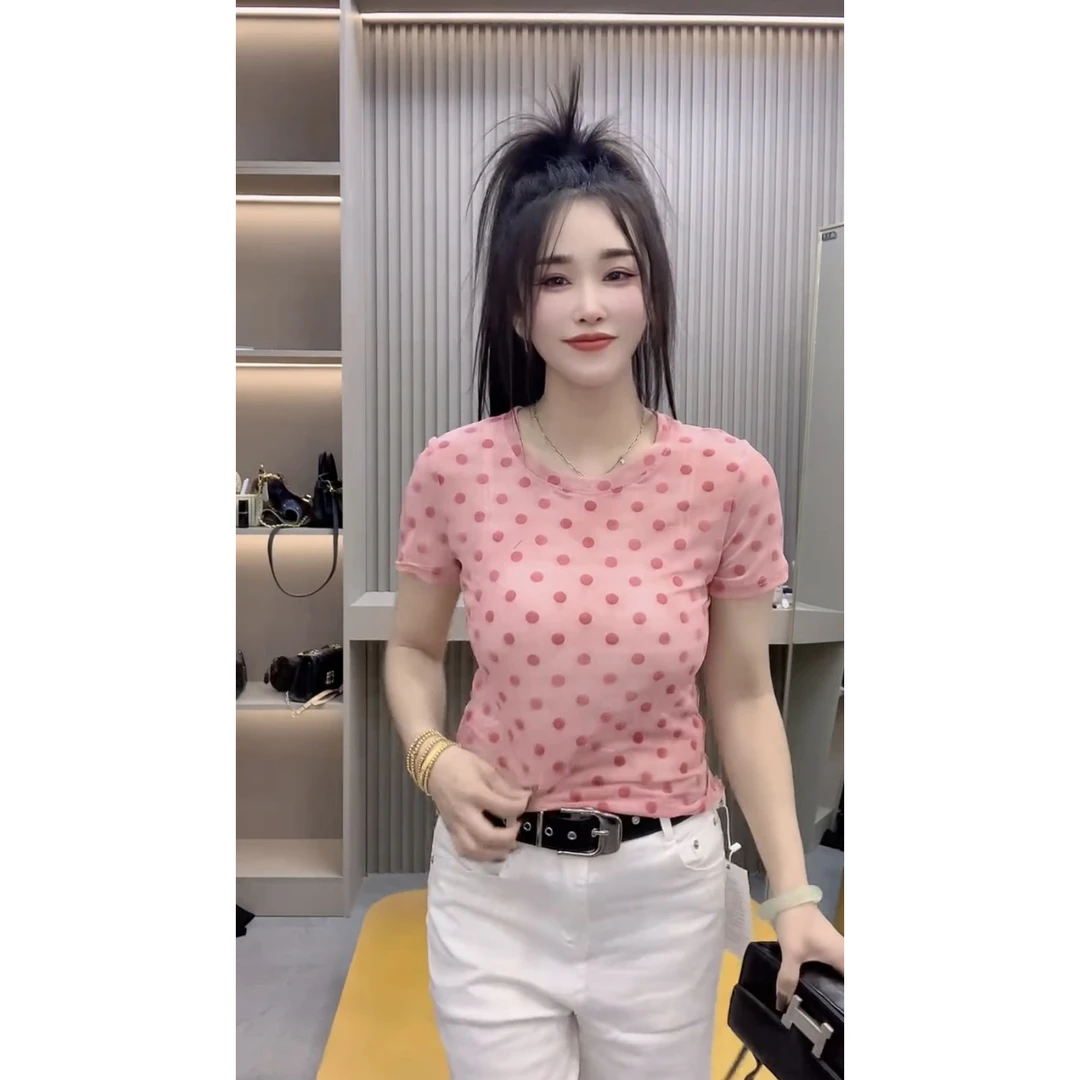 2025夏季款晕染波点网纱短袖T恤女宽松薄款显瘦圆领百搭时尚上衣
