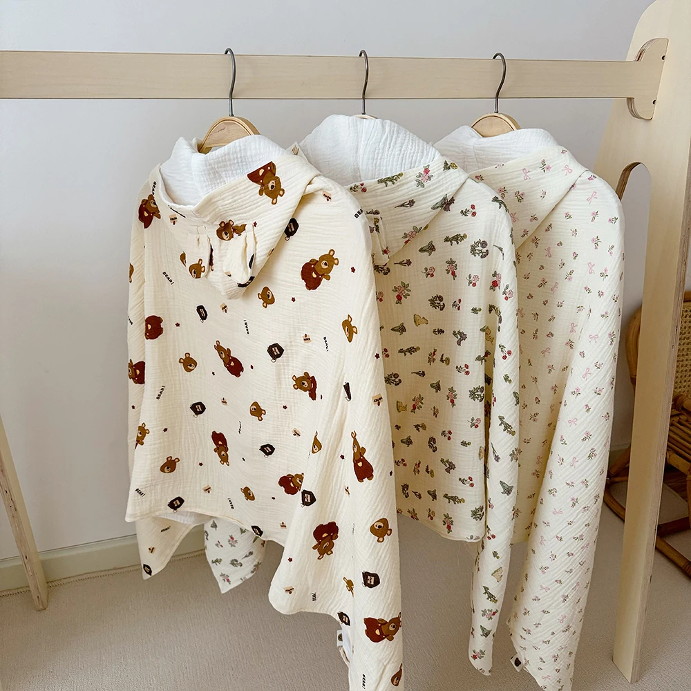 夏季纯棉婴儿浴巾儿童全棉皱皱纱斗篷浴袍纱布婴幼儿盖毯吸水亲肤