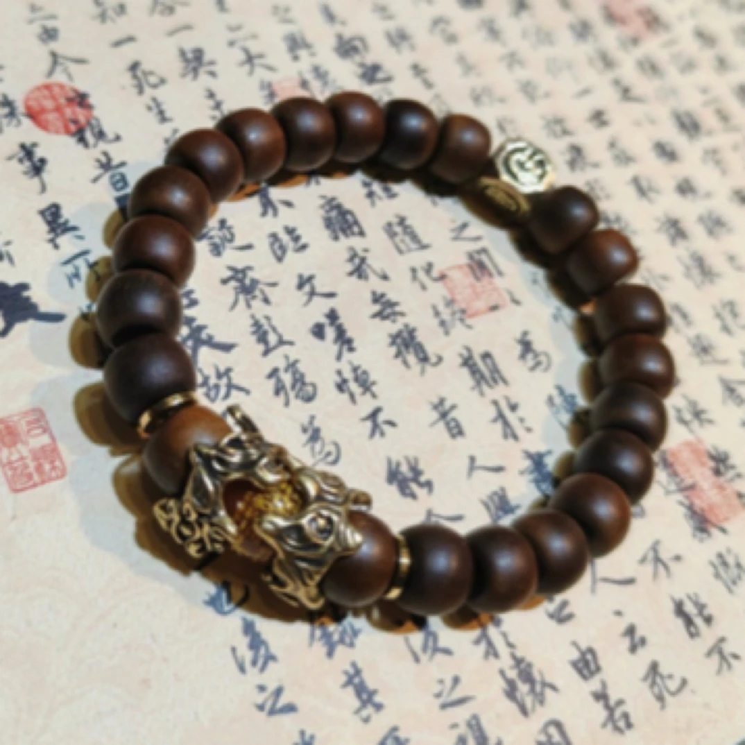 铜合金木质手链 民族风招米貔貅手串玉化枣木走流程产品饰品复古