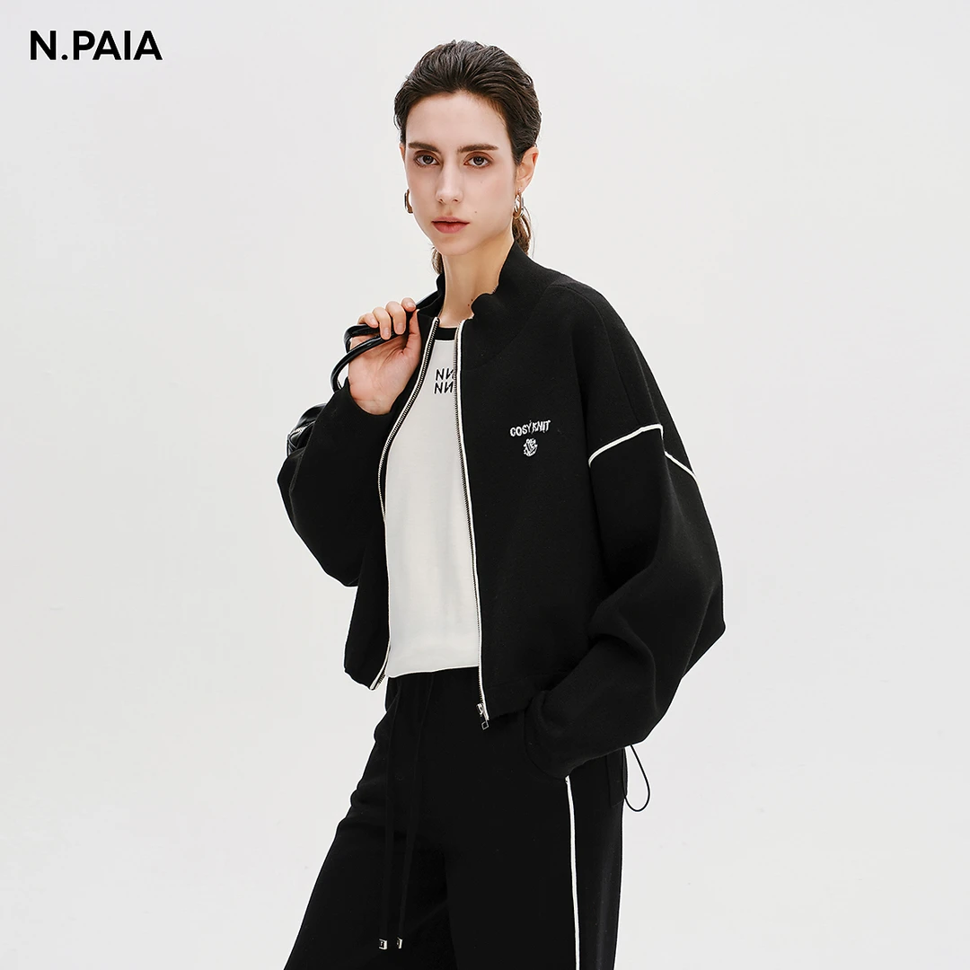 恩派雅2025新款绵羊毛撞色线条立领针织休闲短外套女XNKPW9103A