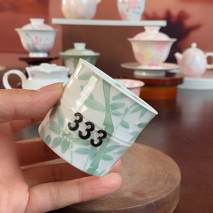 竹子品茗杯手绘釉下高温