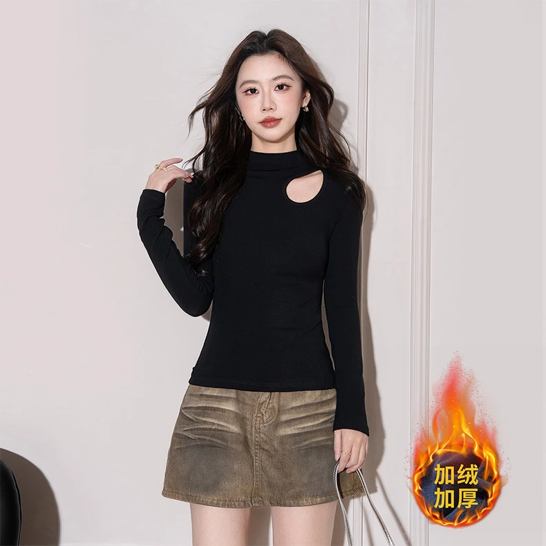 半高领打底衫女秋冬内搭长袖2025新款镂空设计感百搭修身加绒上衣
