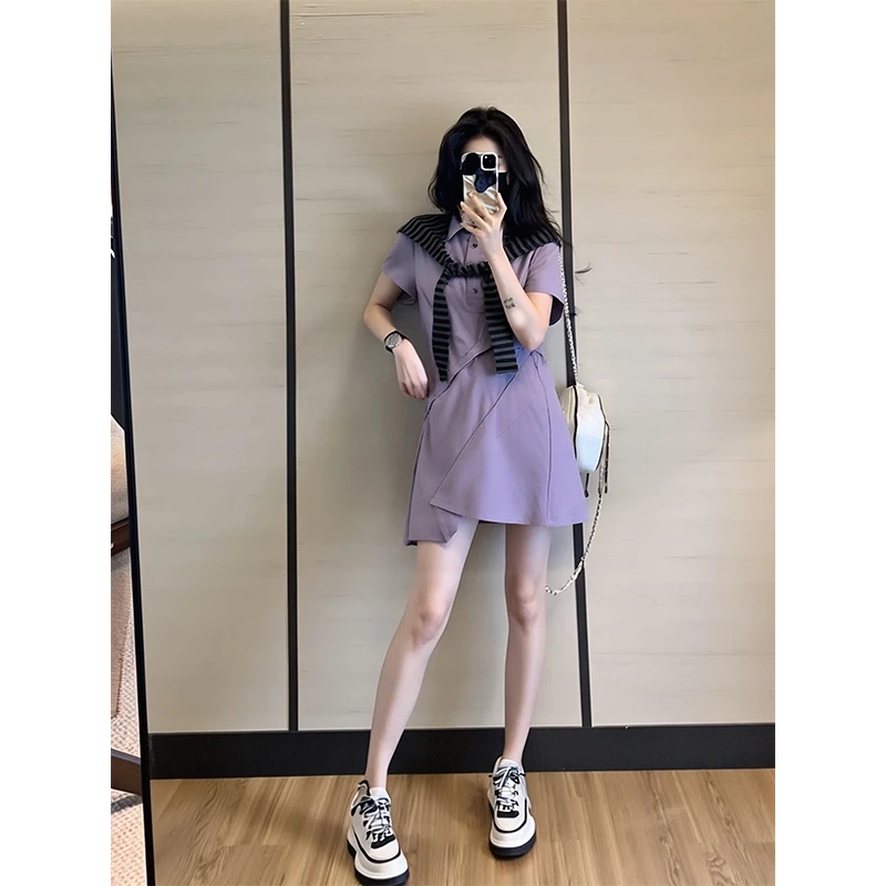 夏季紫色不规则连衣裙收腰显瘦A字裙小个子时尚小众设计感裙子