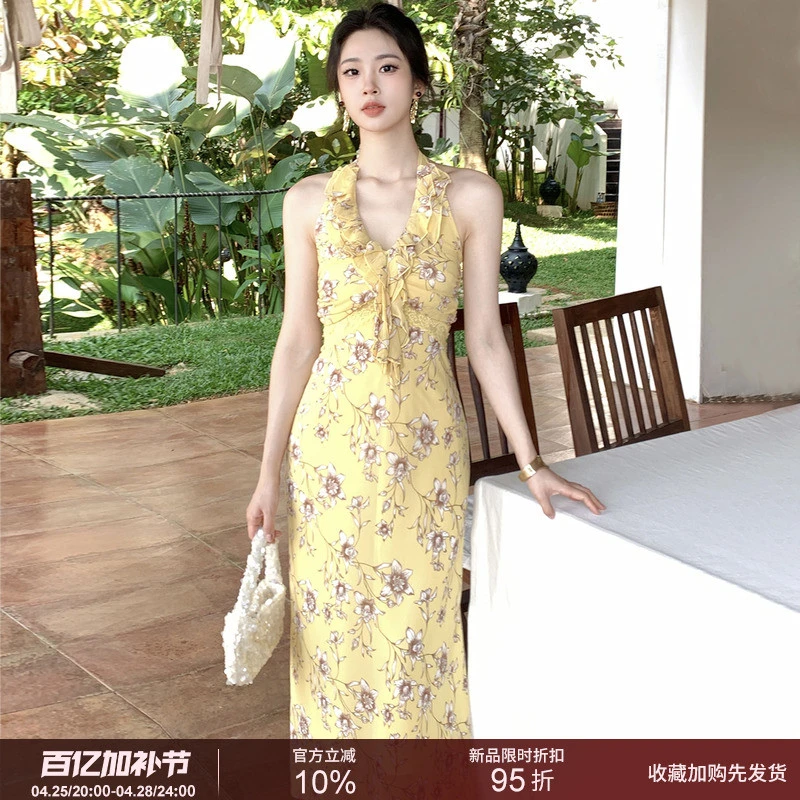 SYT自制 温柔显瘦海报度假连衣裙女2025夏季新款收腰包臀印花裙子