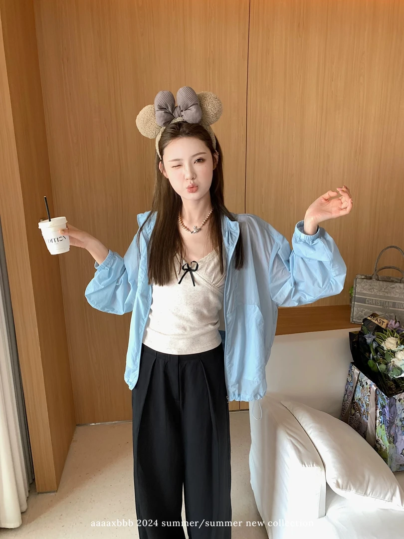 825夏季新款小众纯色宽松休闲百搭气质防晒长袖抽绳外套