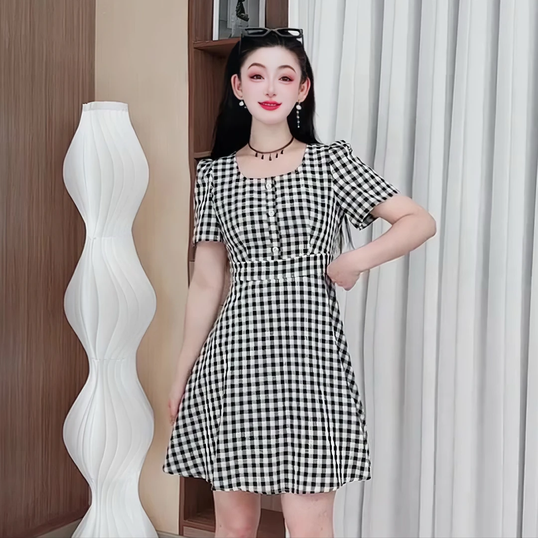 3661法式气质连衣裙女夏季新款高级感甜美减龄复古小格子显瘦裙子