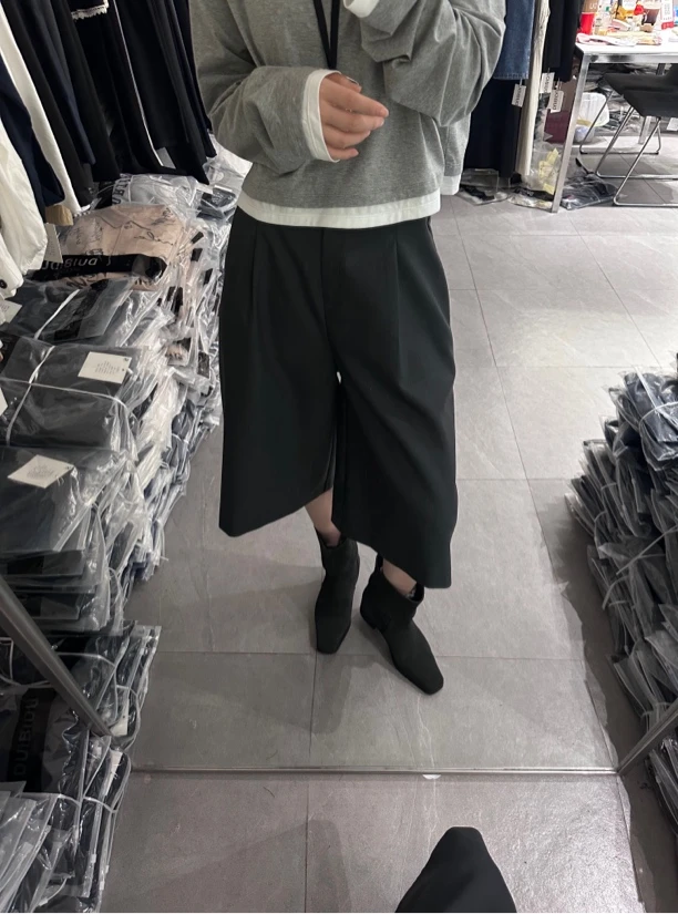 10213春秋韩系撞色松紧抽绳阔腿休闲七分裤