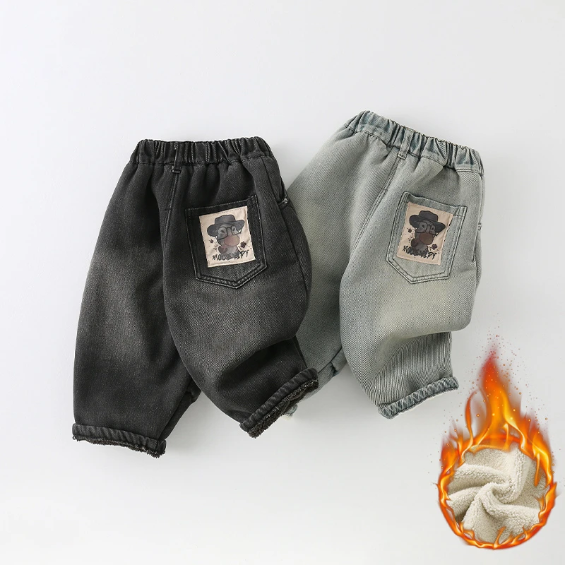 【仟与】儿童牛仔裤冬季2024新款男童贴标后兜保暖裤子AK1014