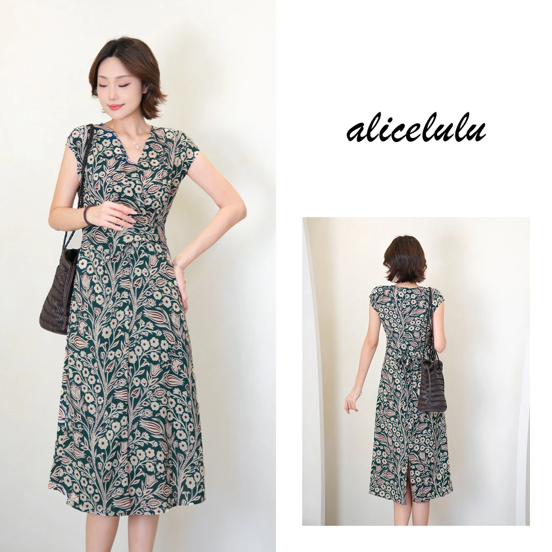 1alicelulu 度假风气质印花V领系带收腰连衣裙S2143361E