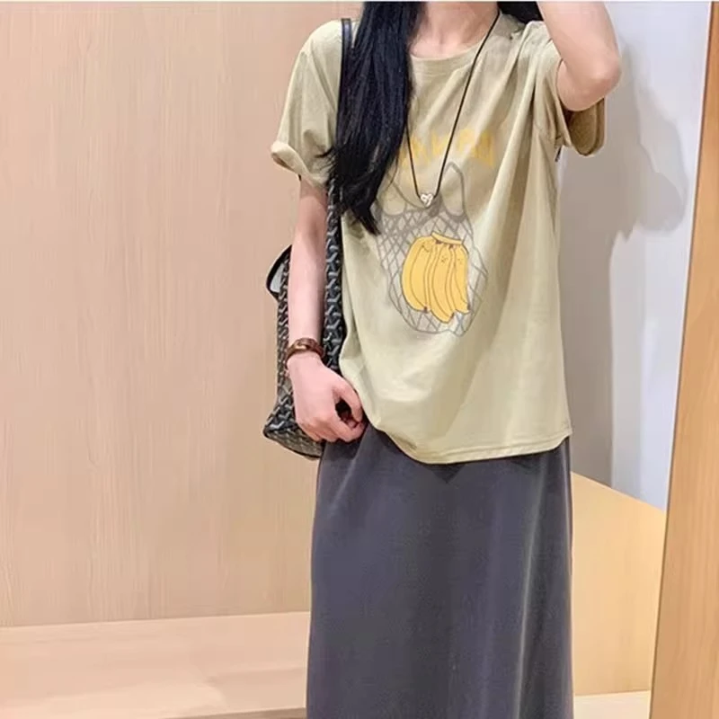 韩系宽松香蕉印花正肩短袖t恤女夏季新款气质百搭美式复古上衣潮