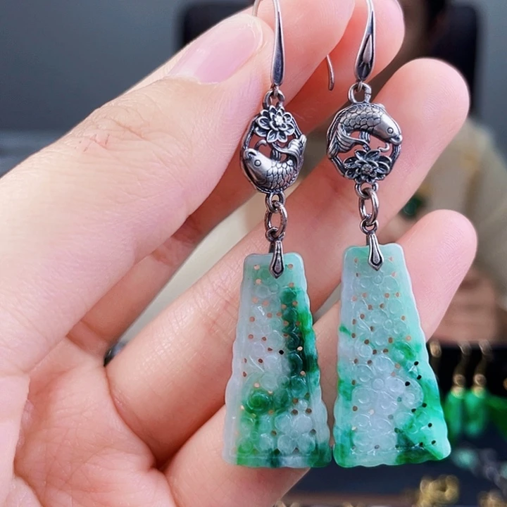 翡翠耳饰银S925镶嵌饰品