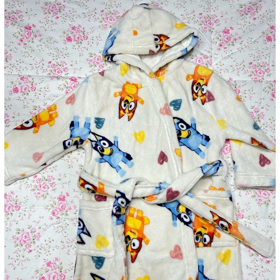 【布鲁伊(白色)】幼小中童连帽卡通法兰绒春秋冬款睡袍儿童游泳浴袍